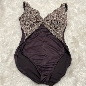 Miraclesuit Brown and Cream One Piece Swimsuit with Plunging V-Neck Sz 14